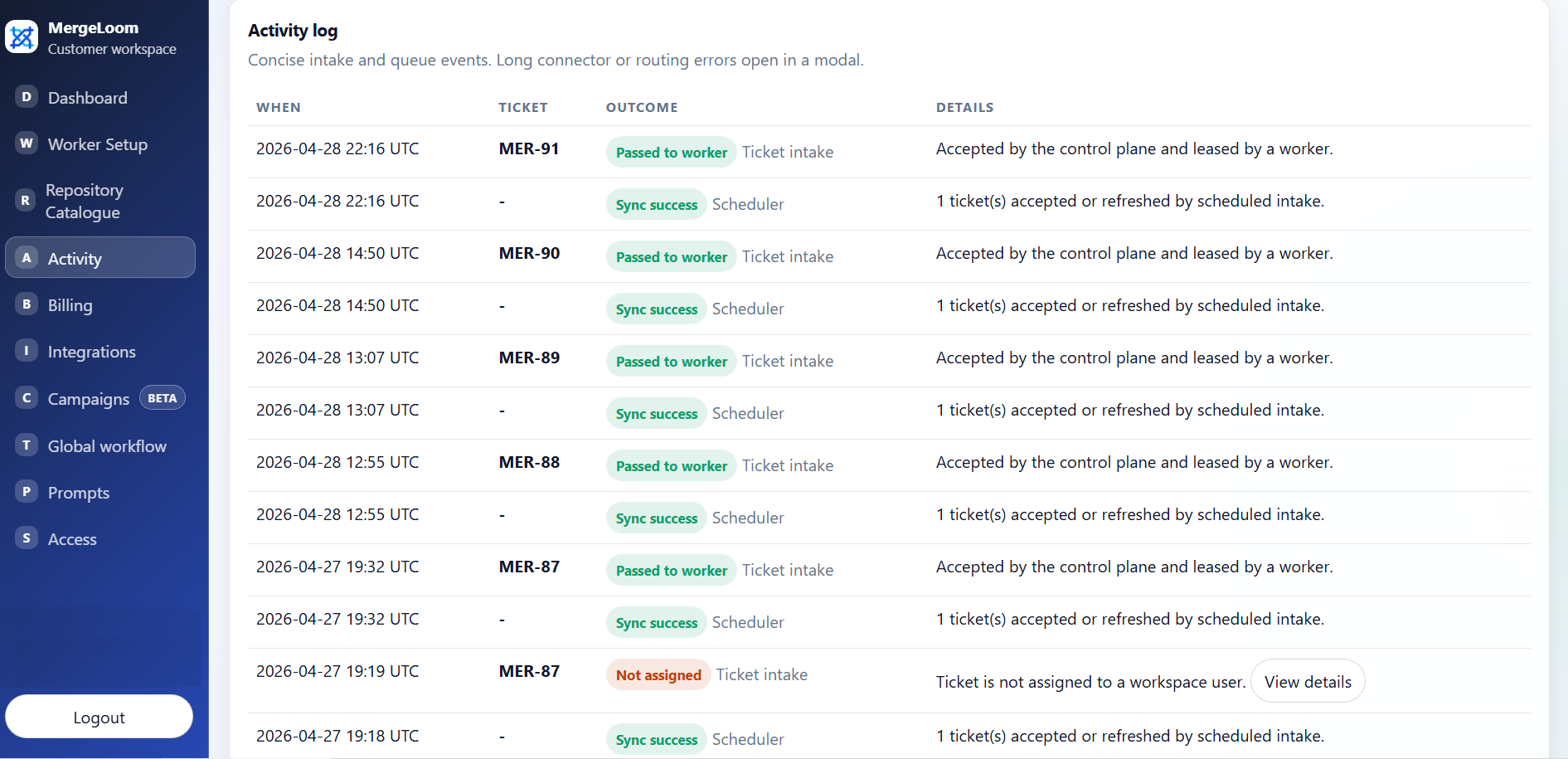 MergeLoom activity run screen showing ticket execution, validation, and review status.