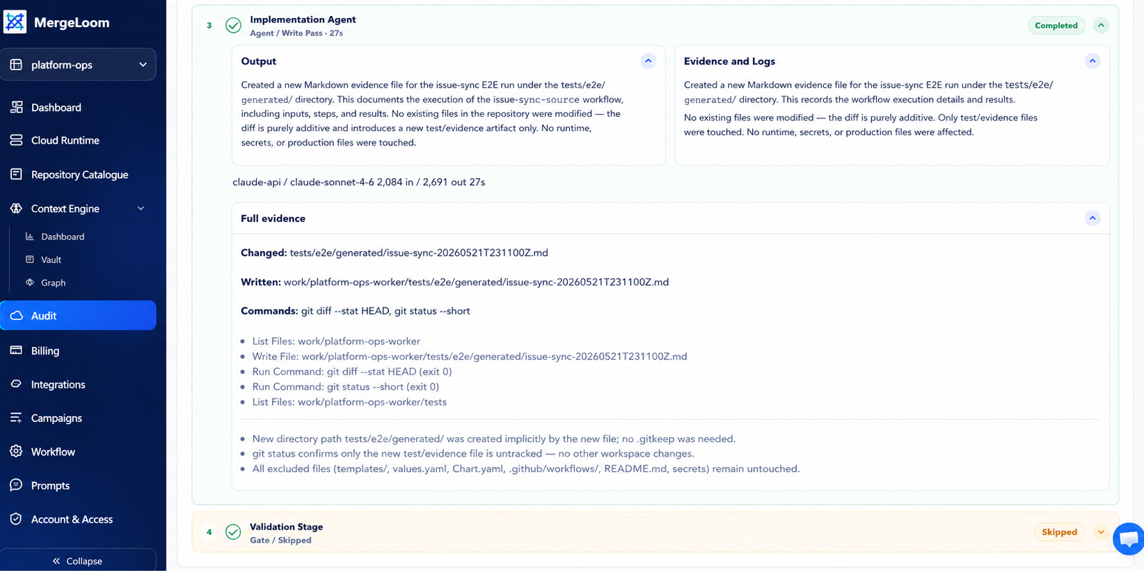 MergeLoom activity run screen showing ticket execution, validation, and review status.