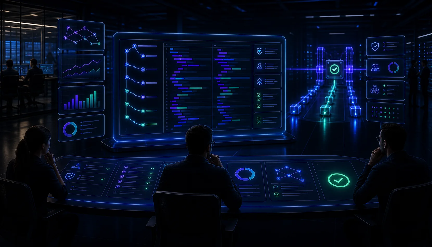 Generated editorial image showing human reviewers evaluating architecture fit and final merge approval for a validated pull request