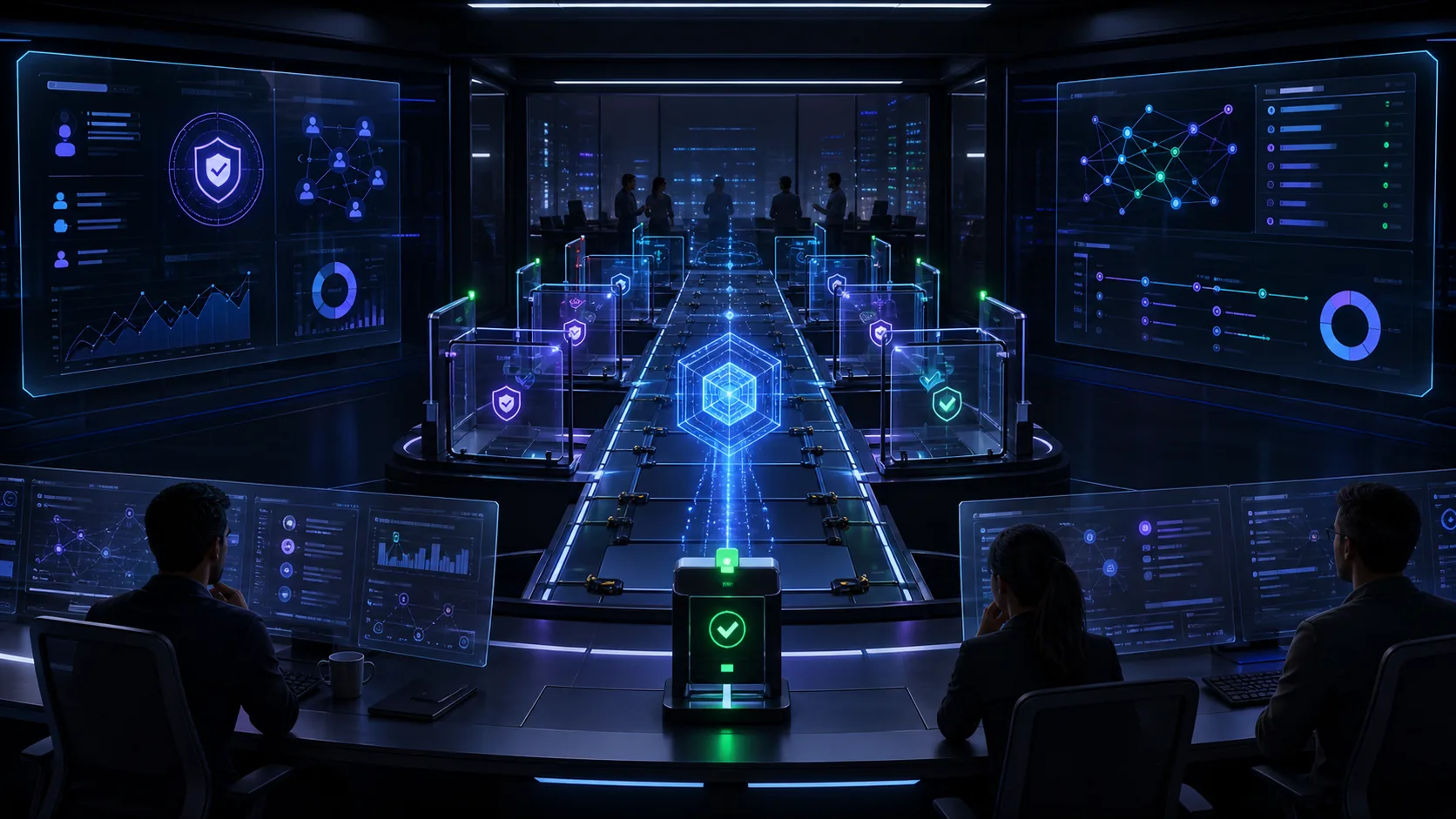 Generated editorial image showing AI coding agents moving through governance guardrails.