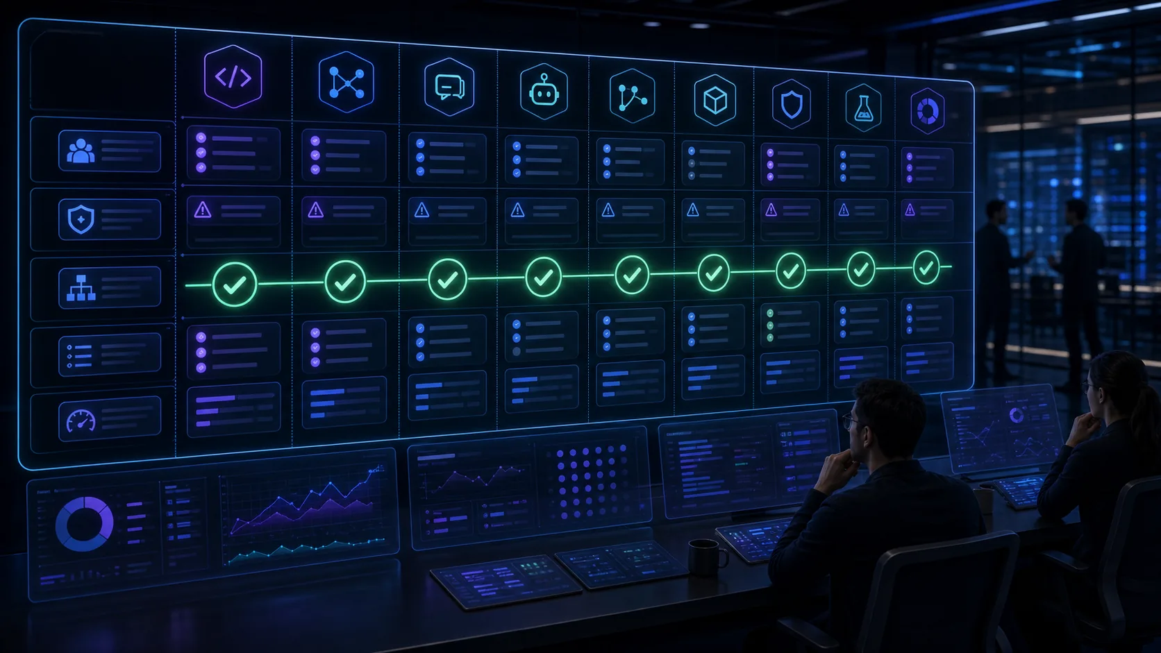 Generated editorial image showing AI coding tool categories moving through a governance policy matrix