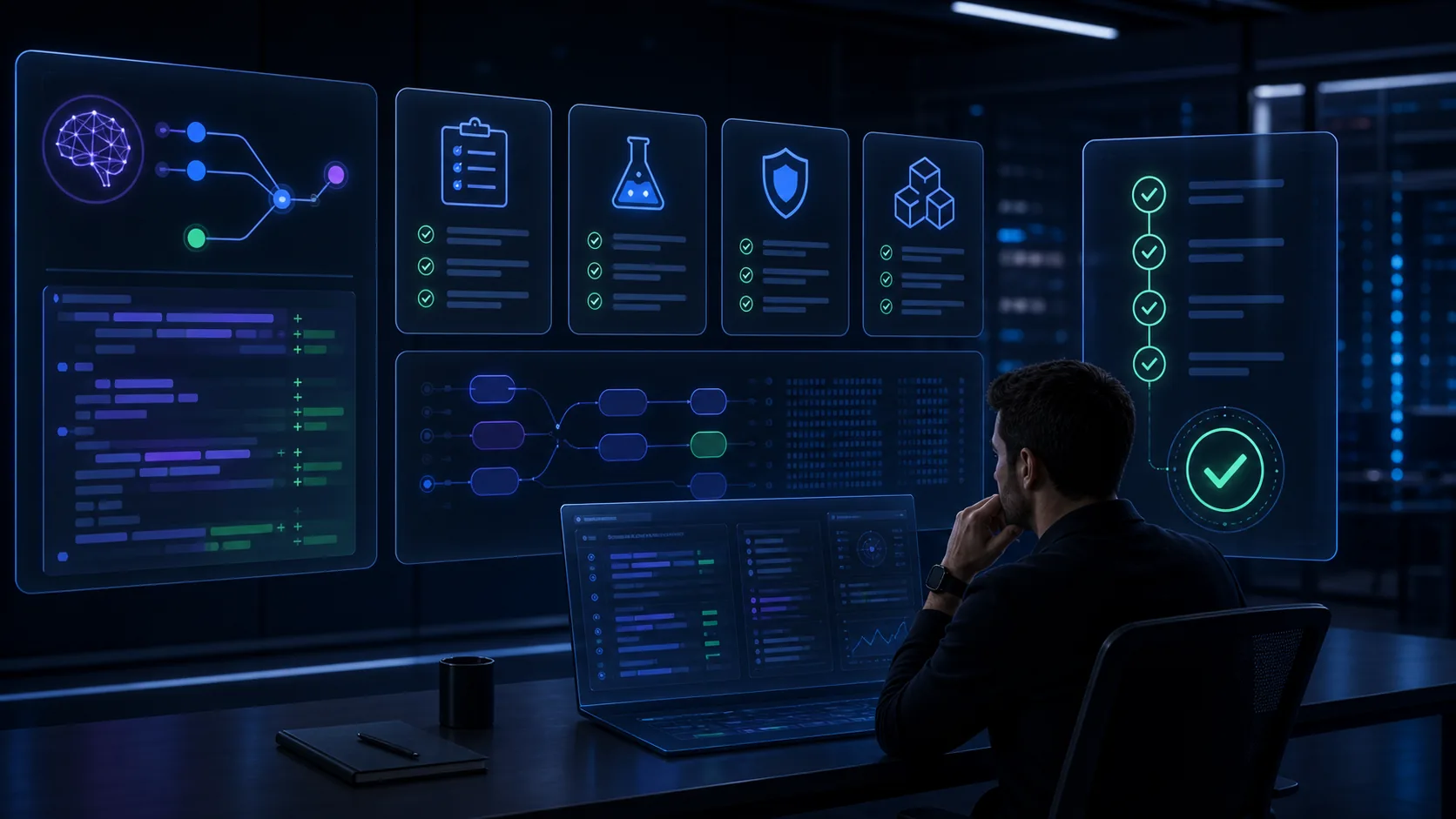 Generated editorial image showing AI-generated code being reviewed against evidence and validation checks.