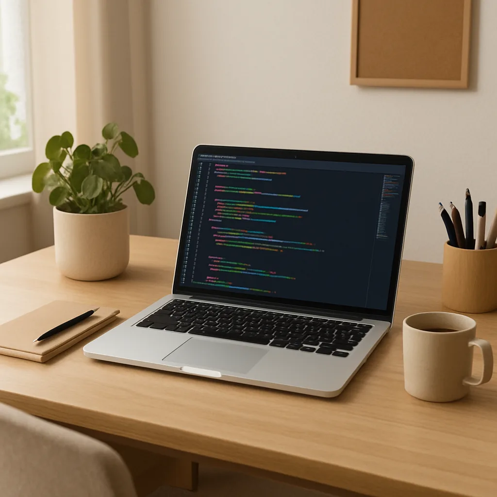 A clean, inviting home office desk with a laptop open showing a colorful, organized code editor.