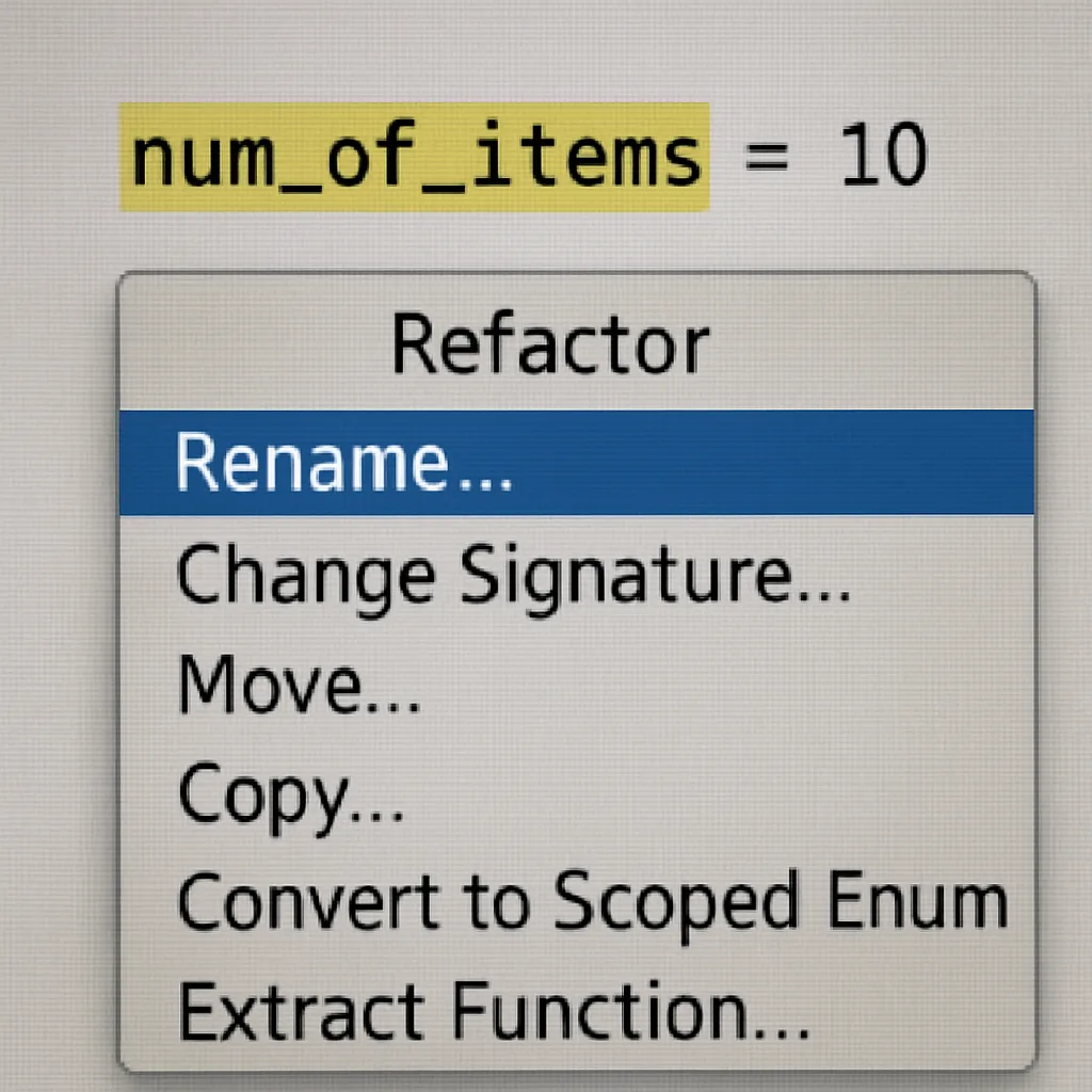 A close-up of a software interface showing a 'Refactor' menu and a highlighted variable name.