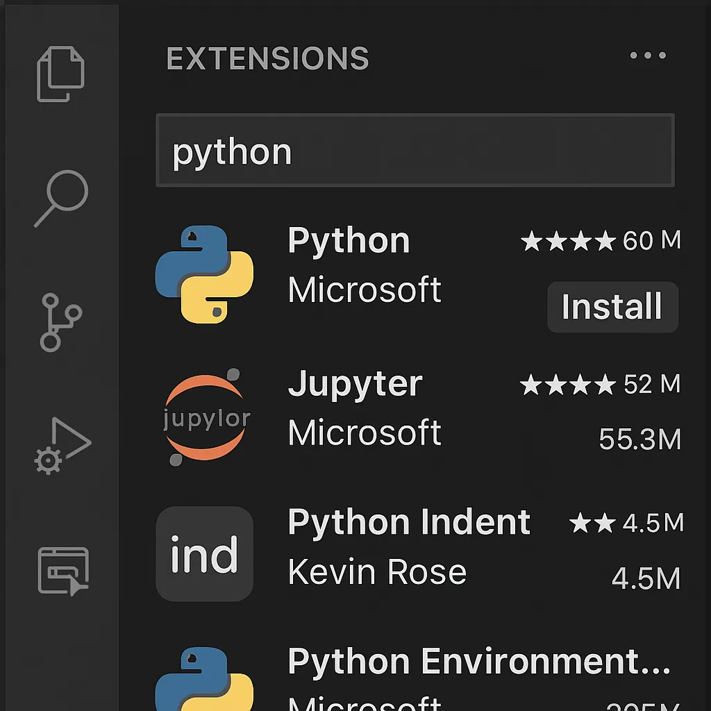 The VS Code 'Extensions' sidebar with a search for 'Python' showing a 'Install' button.