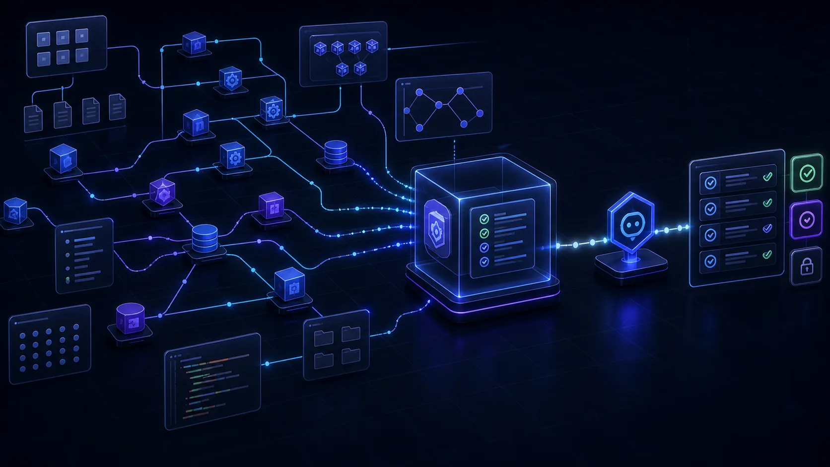 Generated editorial image showing repositories, docs, services, and rules forming a bounded AI context graph.