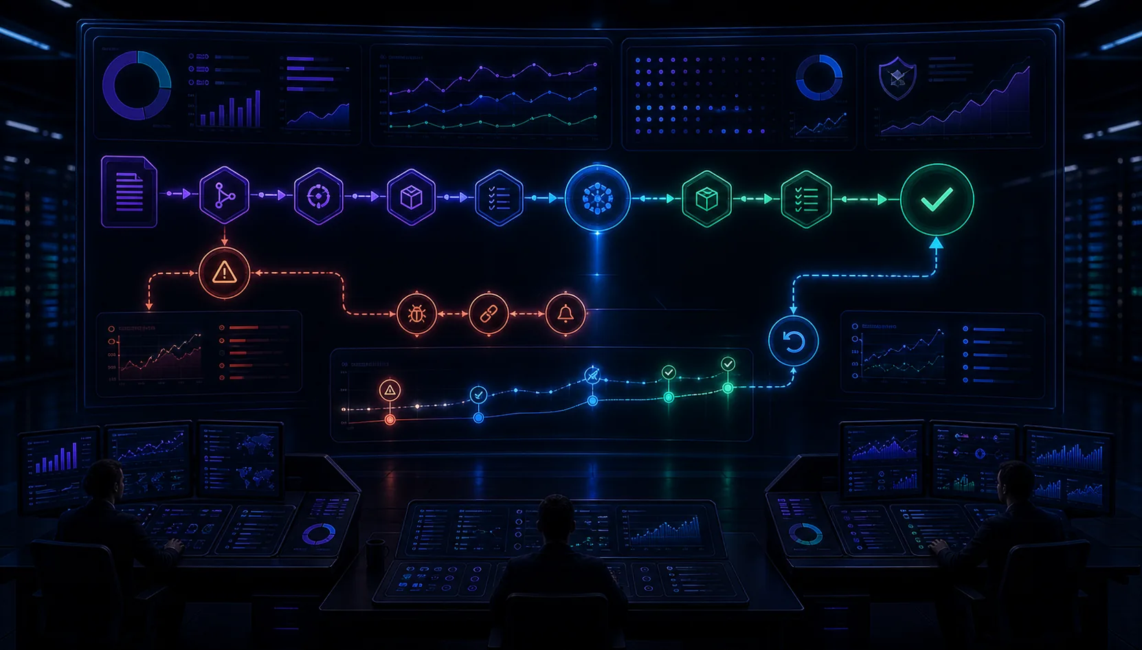 Generated editorial image showing AI-assisted delivery metrics, incident signals, rollback paths, and recovery flow