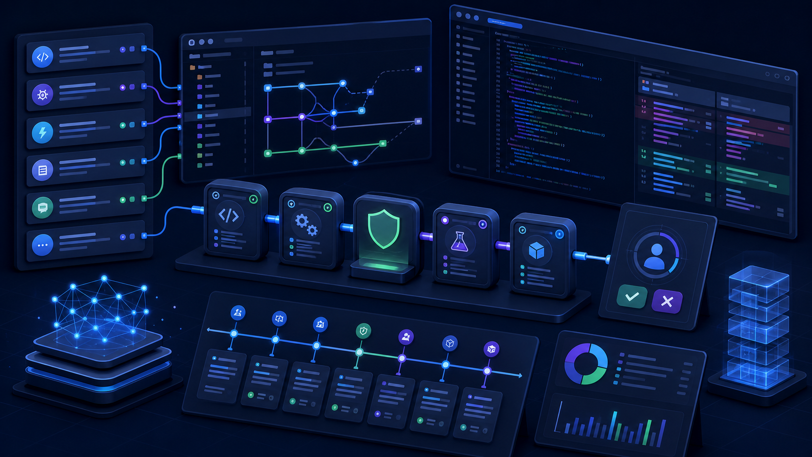 AI-generated editorial diagram of governed AI coding controls across tickets, repositories, validation, review, and audit trails.