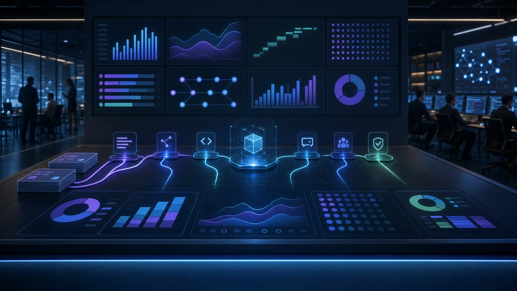 Generated editorial image showing abstract engineering productivity metrics for AI-assisted delivery