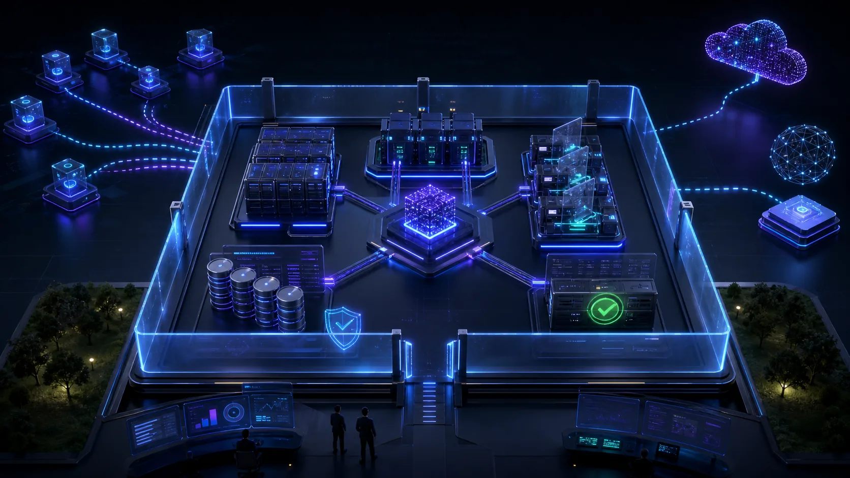 Generated editorial image showing private AI coding worker infrastructure inside a protected enterprise boundary