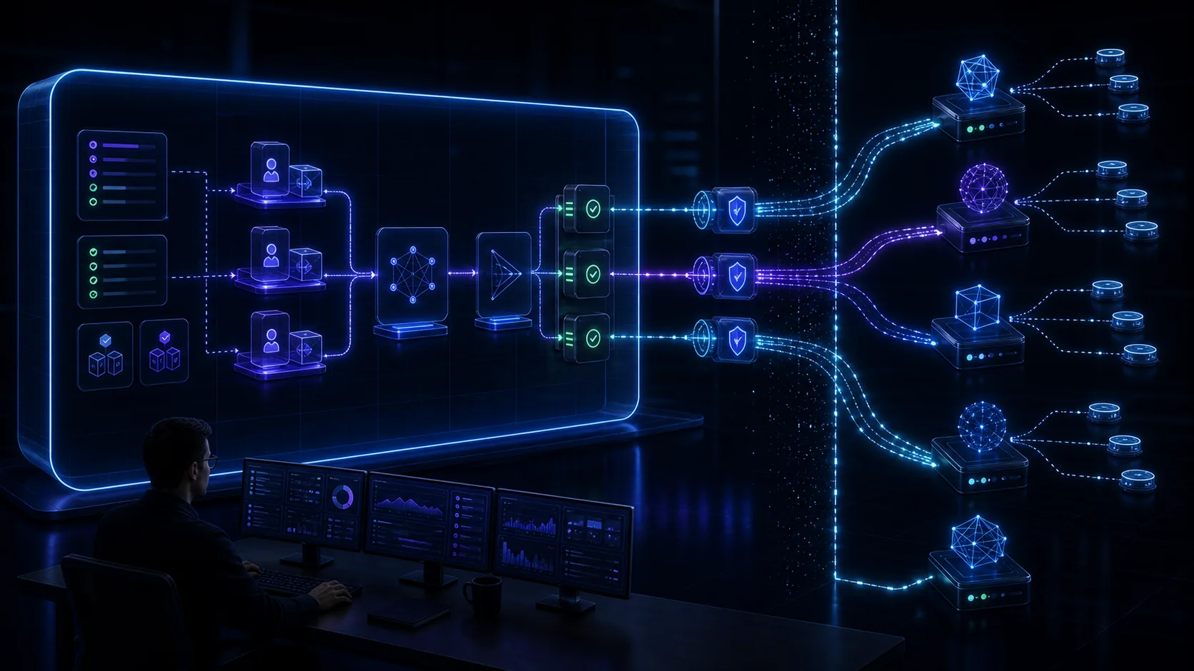 Generated editorial image showing a private worker routing AI model requests through controlled provider gateways