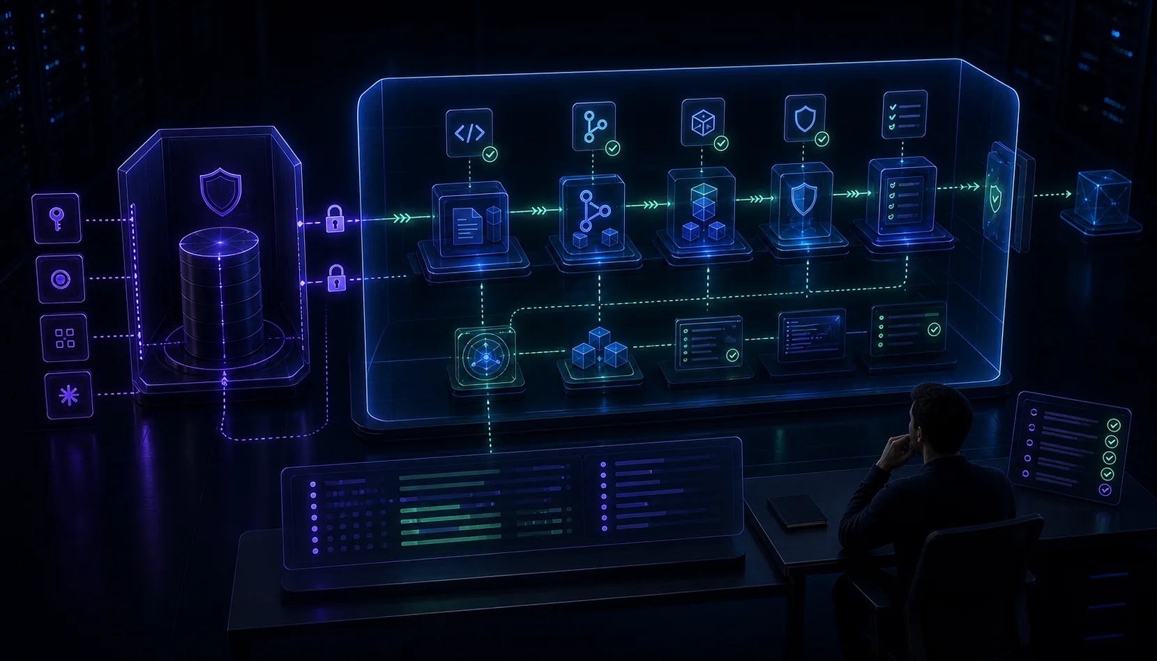 Generated editorial image showing a private AI coding worker separated from an isolated credential boundary