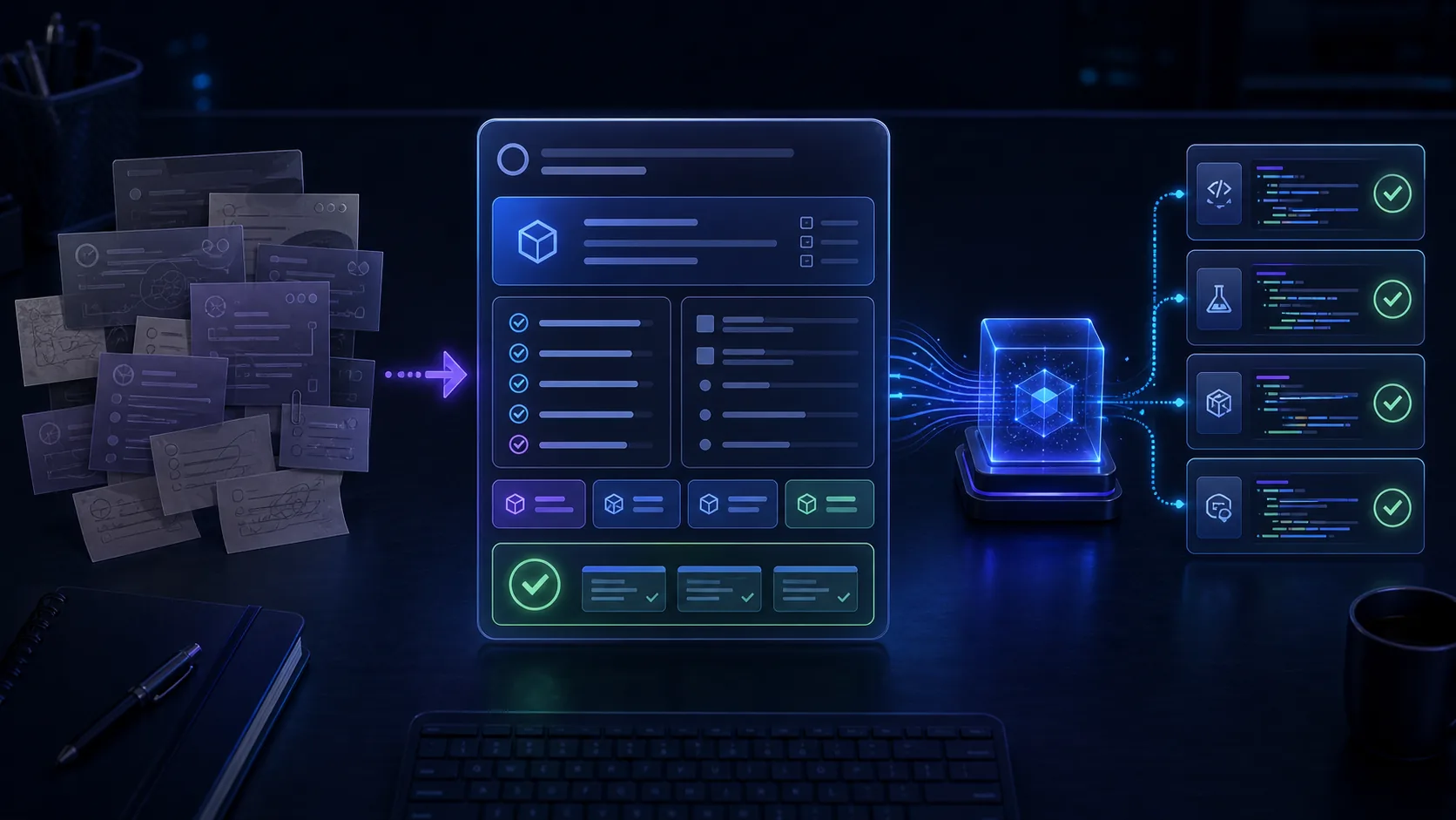 Generated editorial image showing an AI-ready engineering ticket becoming a validated implementation path.