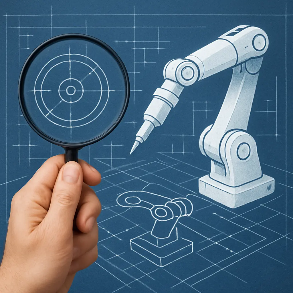 A human hand holding a magnifying glass over a digital blueprint that was generated by a robot arm.