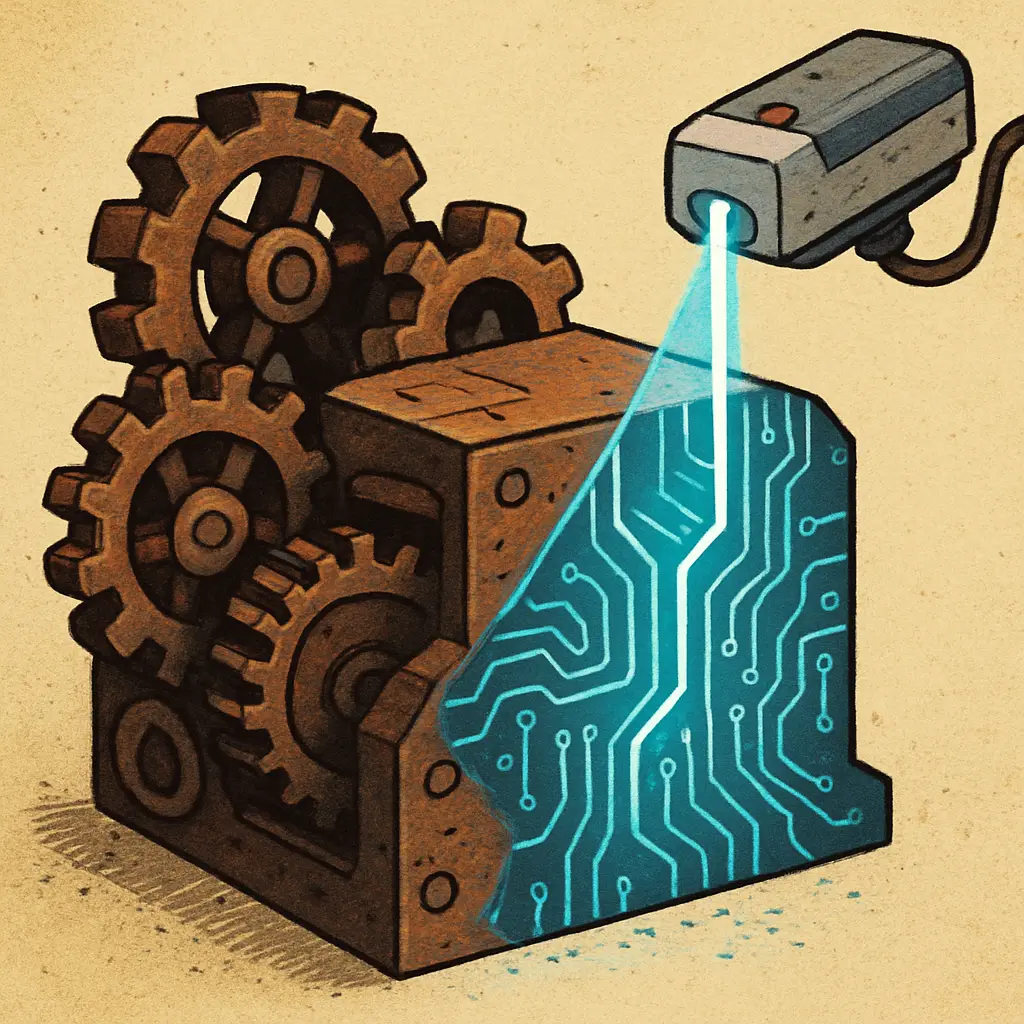 A stylized illustration of a rusty, gear-filled machine being scanned by a modern laser, revealing clean digital circuits underneath.