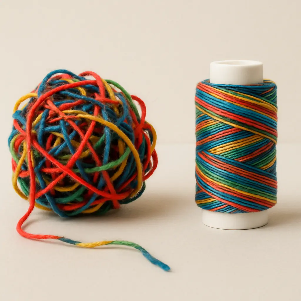 A side-by-side visual of a tangled ball of multicolored yarn compared to a neatly wound, organized spool of thread.