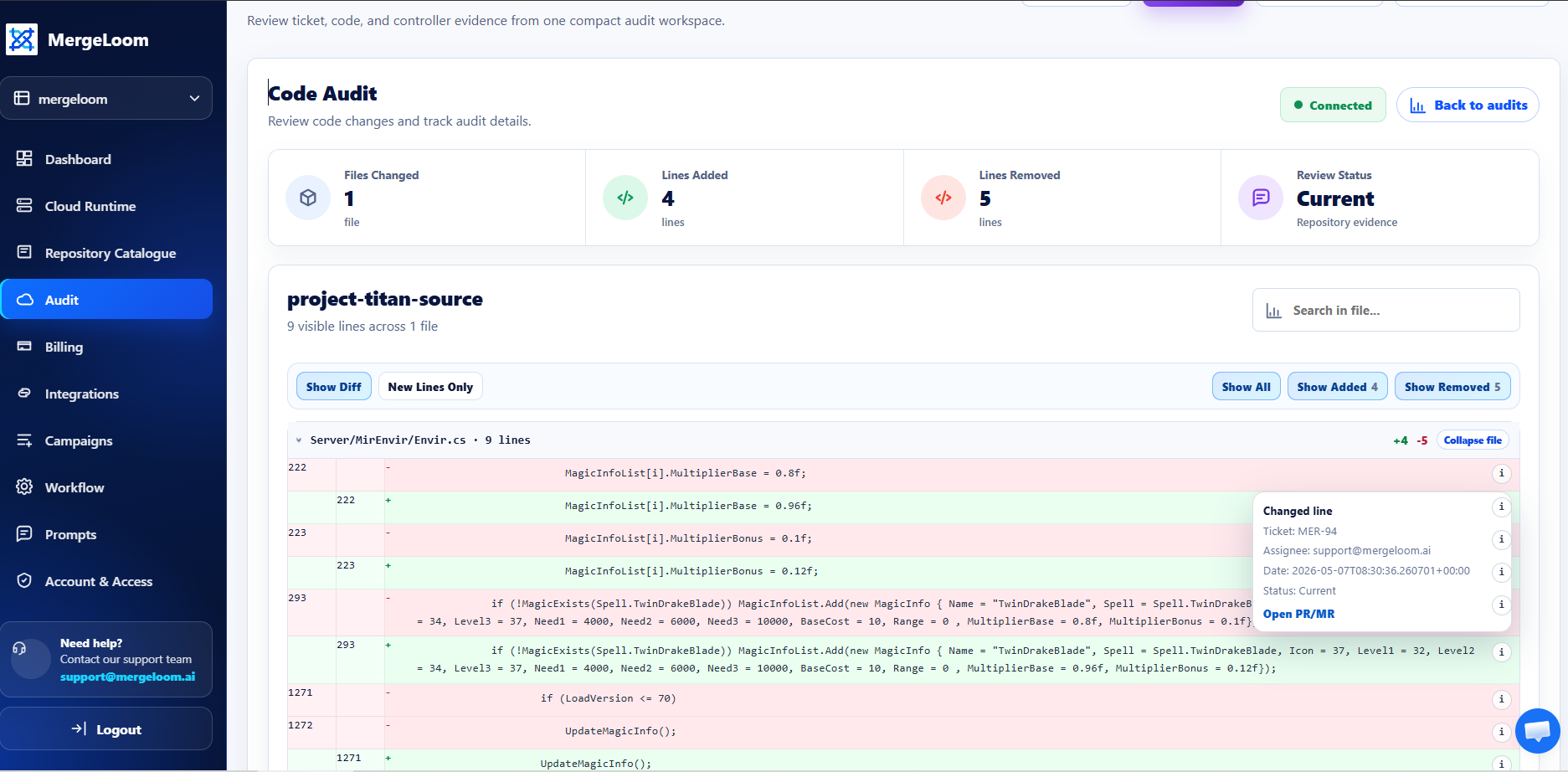 MergeLoom Code Audit screen showing repository and file-level evidence for AI-written code.