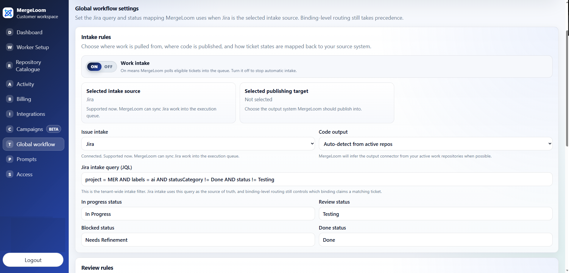 MergeLoom workflow rules showing intake labels, status movement, and review handoff settings.