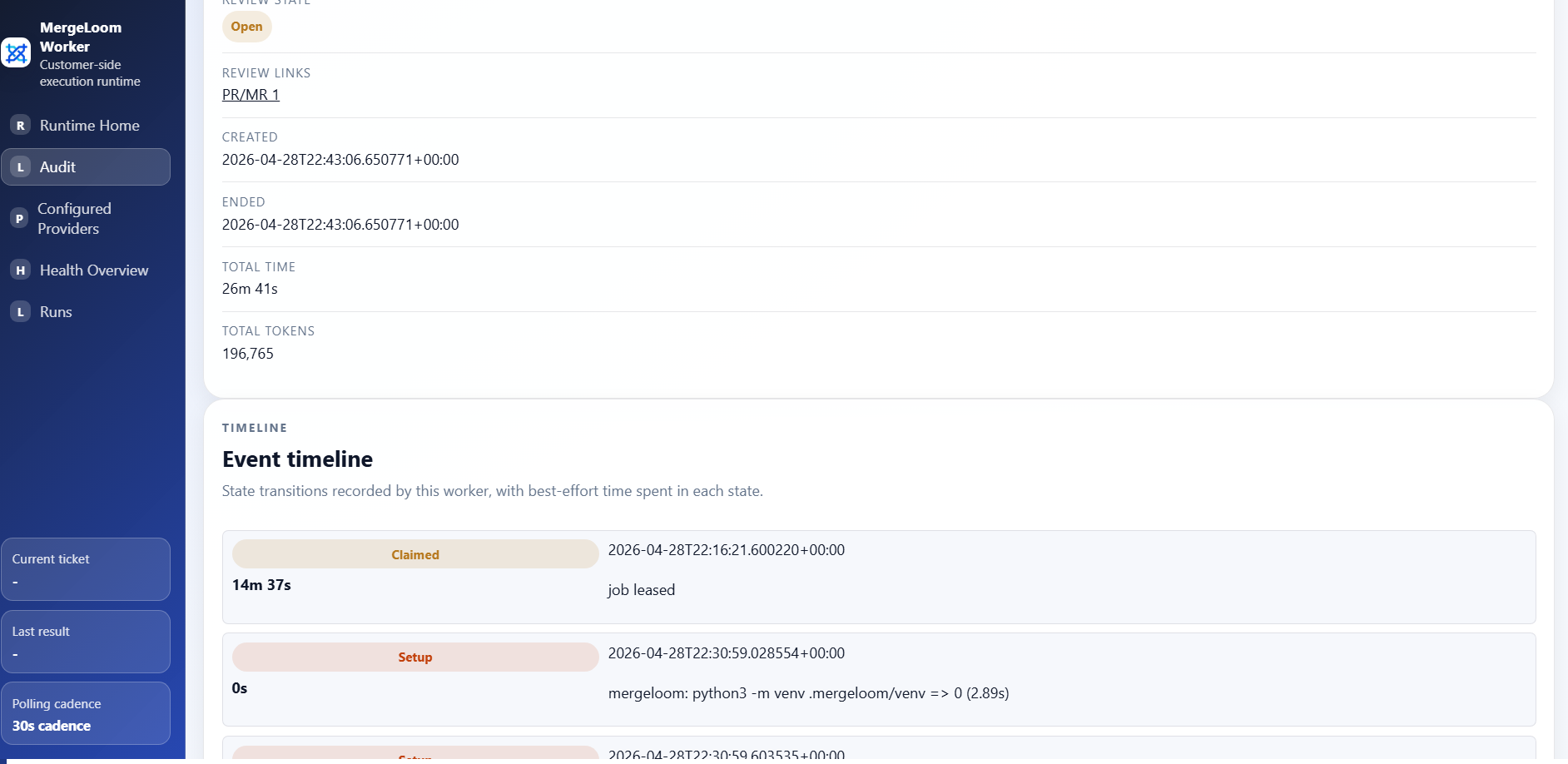 MergeLoom job audit view showing execution steps for a ticket-to-code run.
