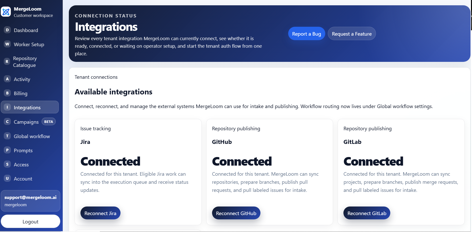 MergeLoom customer controller integrations page showing connected and unconnected tools.