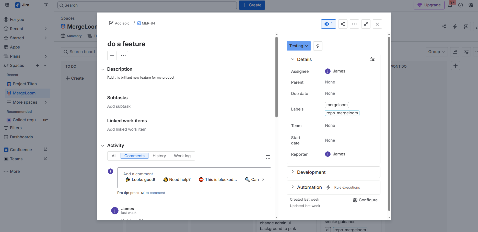 Jira ticket with MergeLoom managed label and repository routing label.