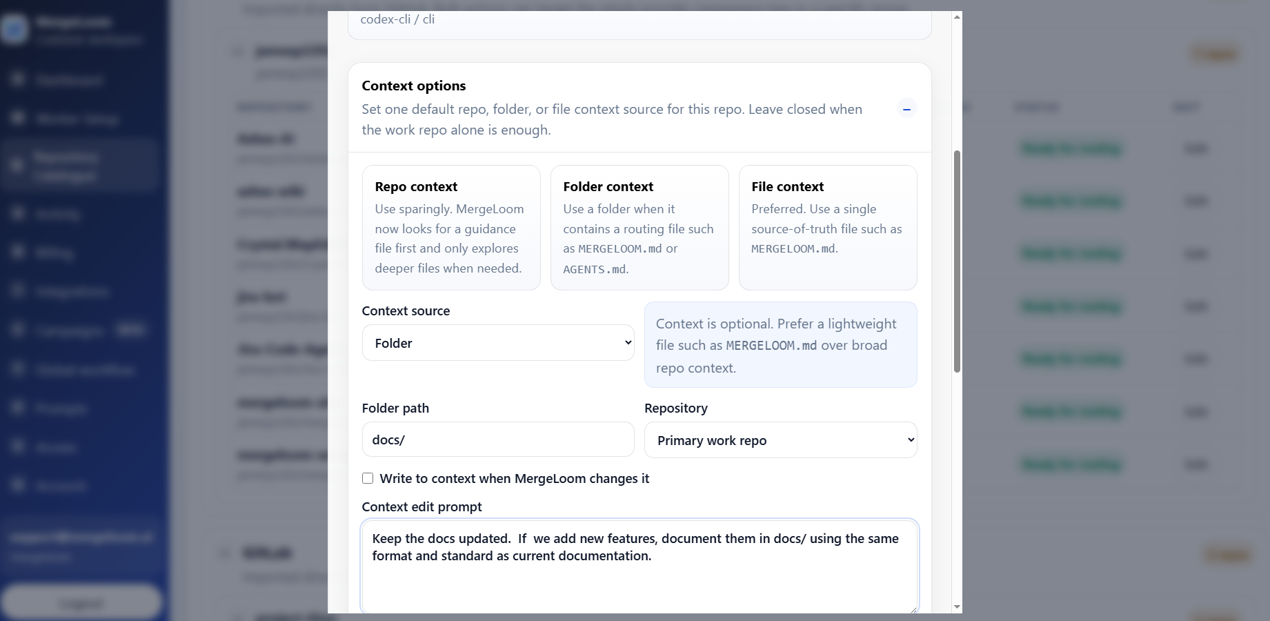 MergeLoom customer controller repository context settings showing organization and repository guidance.