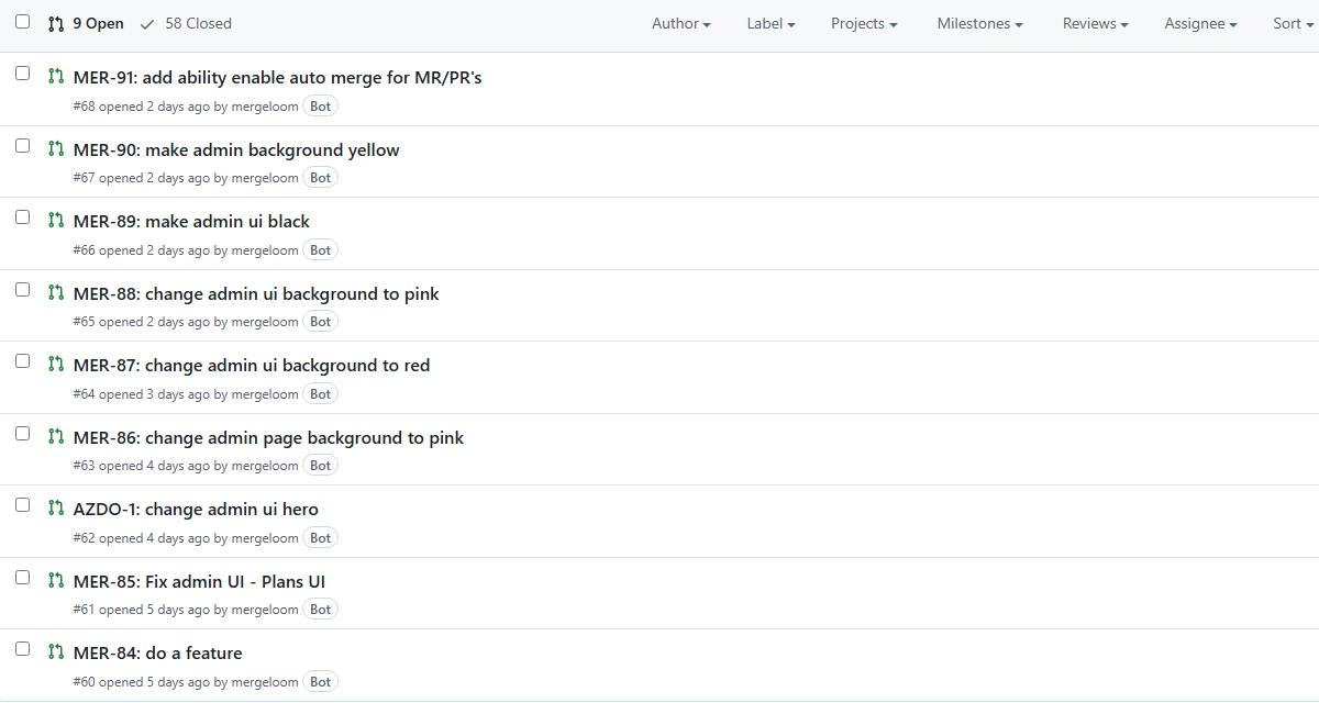 MergeLoom-created pull requests linked from the ticket-to-code workflow.