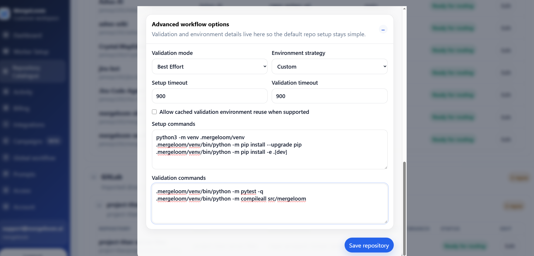 MergeLoom customer controller validation command settings for a repository.