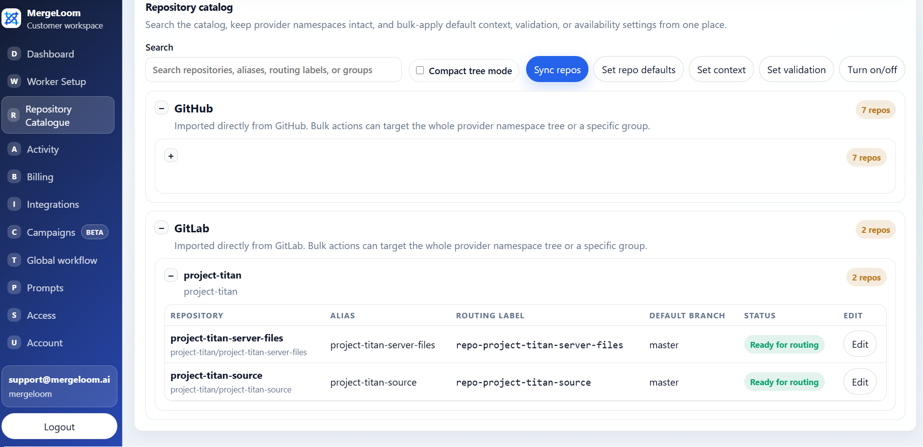 MergeLoom repository catalog showing enabled repositories and repository aliases.