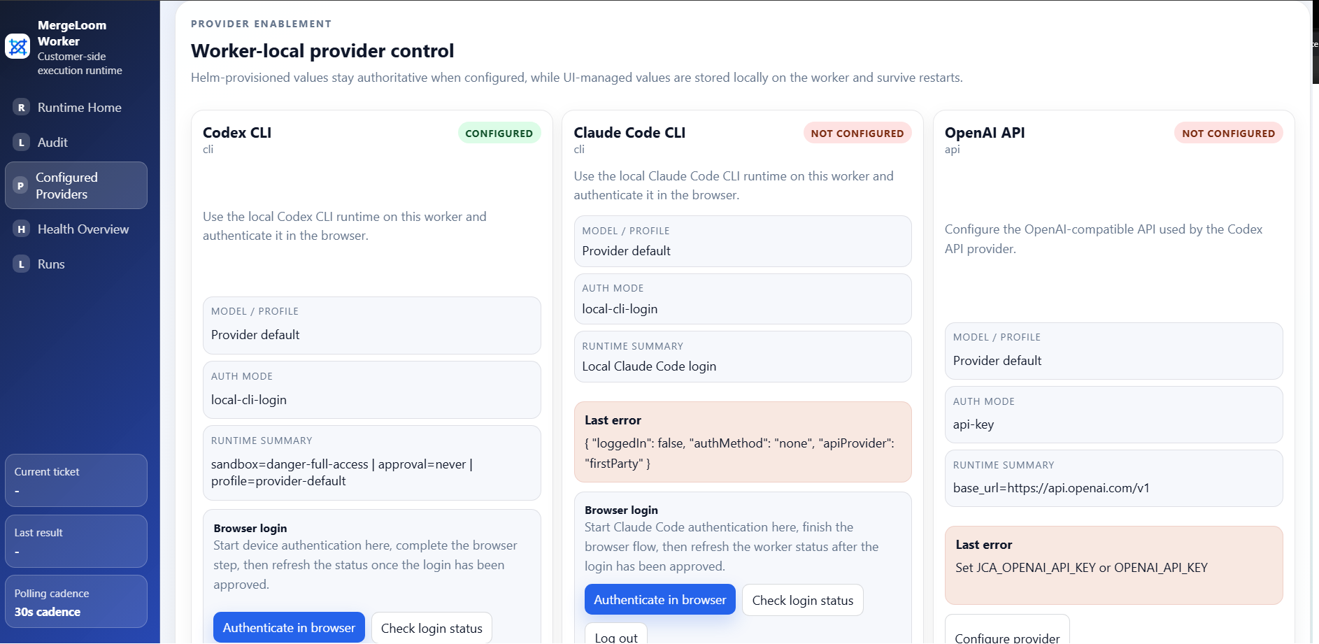 MergeLoom local worker UI provider setup page with provider cards and readiness state.