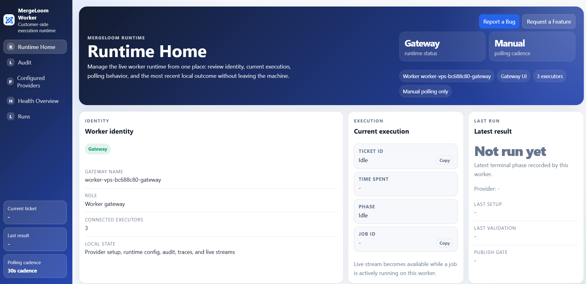 MergeLoom local worker UI home page after a successful Docker Compose install.