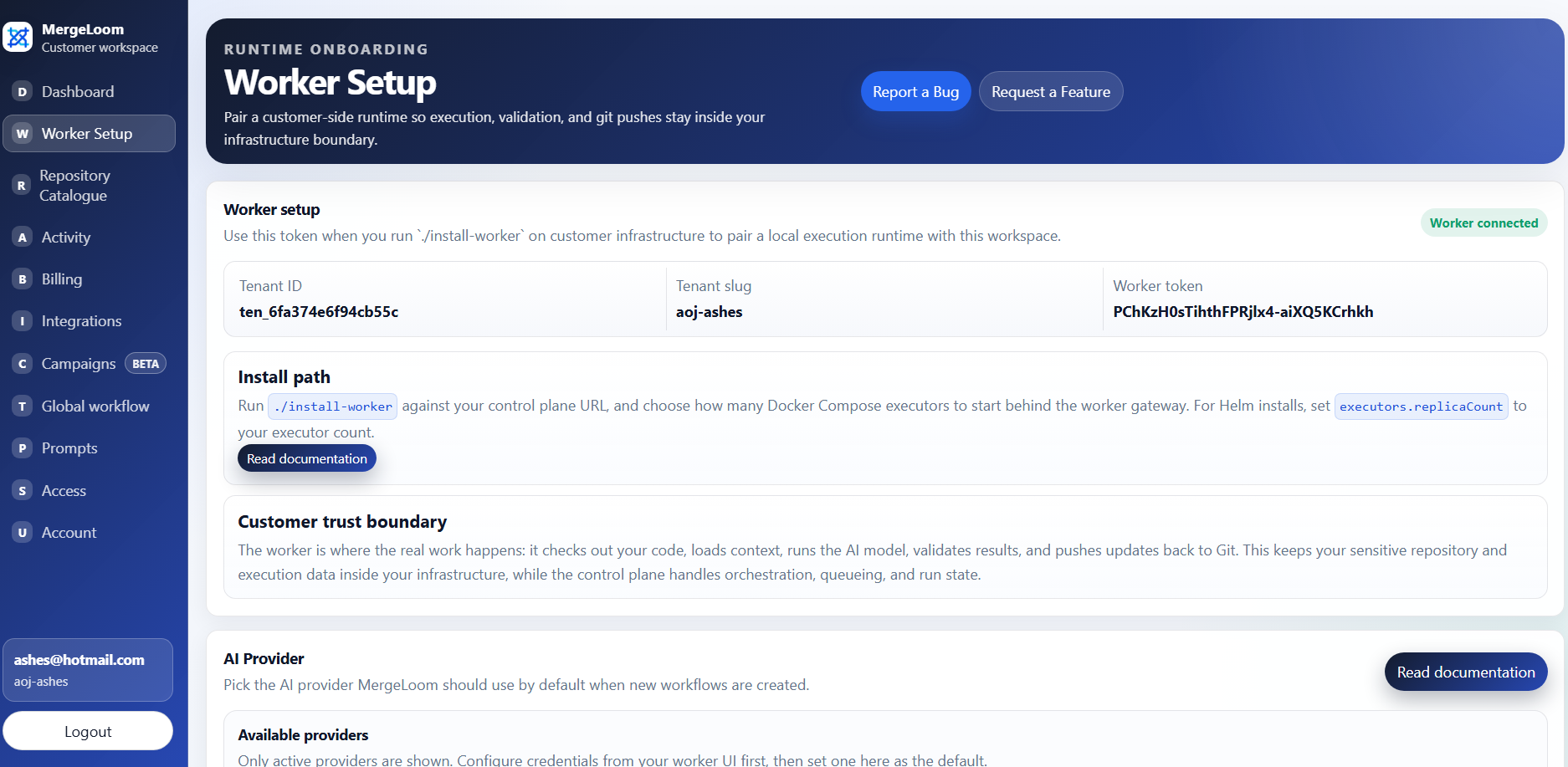 MergeLoom customer controller worker setup page showing tenant slug and worker enrollment token.