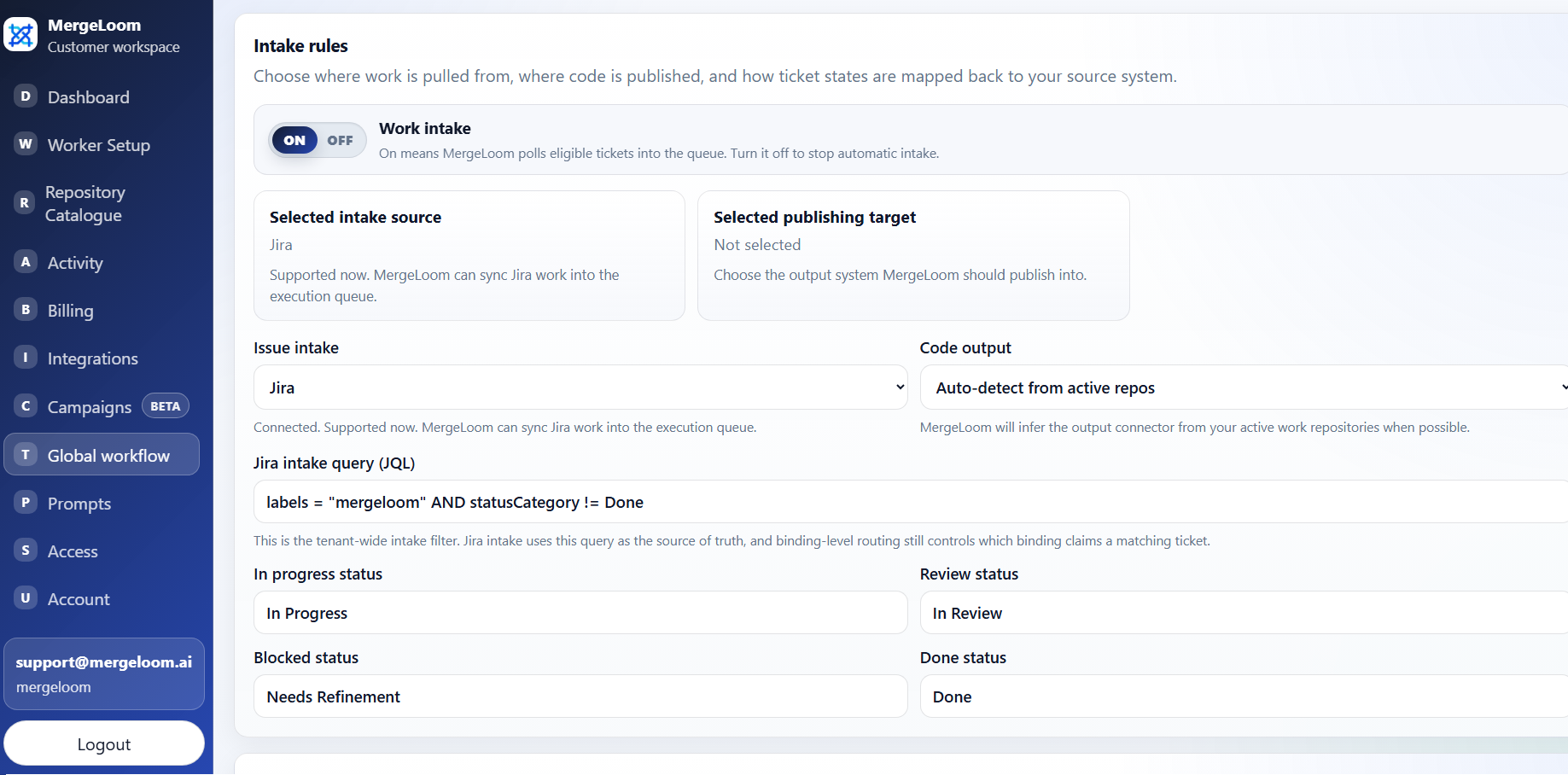 MergeLoom customer controller workflow intake page showing intake source, output target, and status mappings.