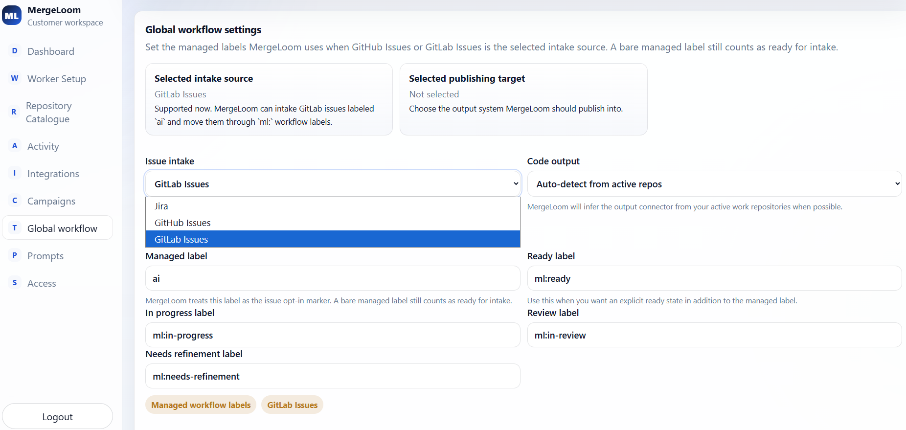 MergeLoom workflow settings showing Jira, GitHub Issues, GitLab Issues, monday.dev, Linear, and Azure Boards as supported intake sources.