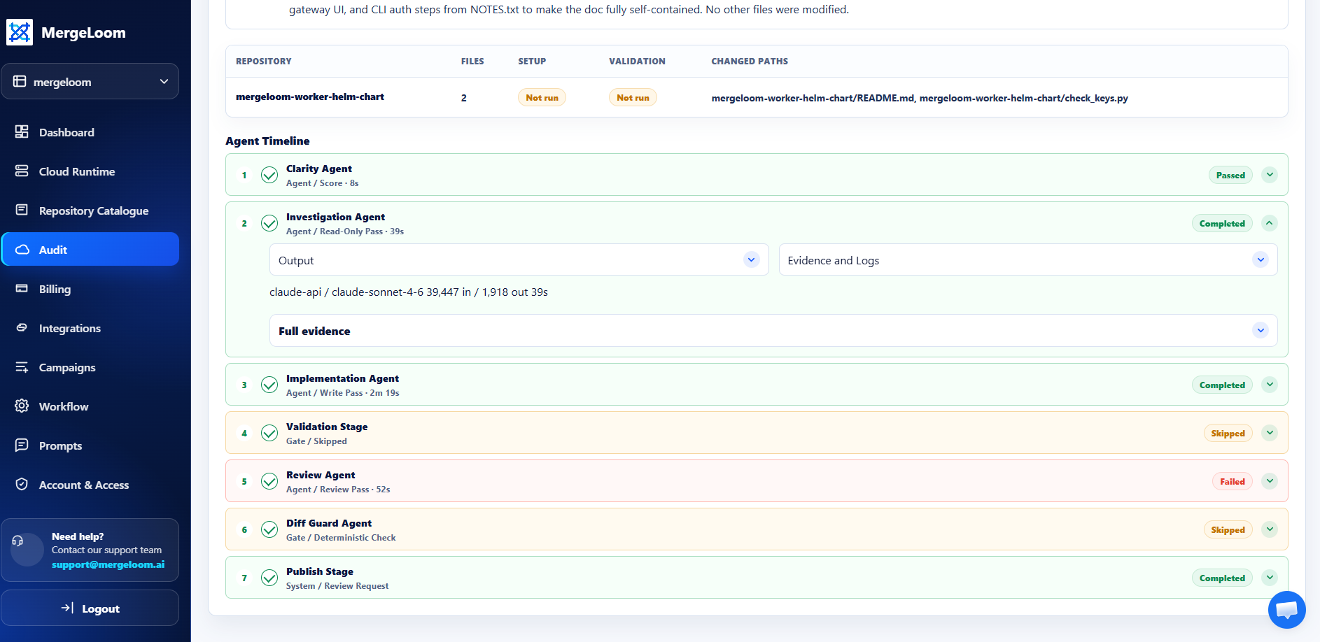 MergeLoom audit trail dashboard showing run status and review evidence.