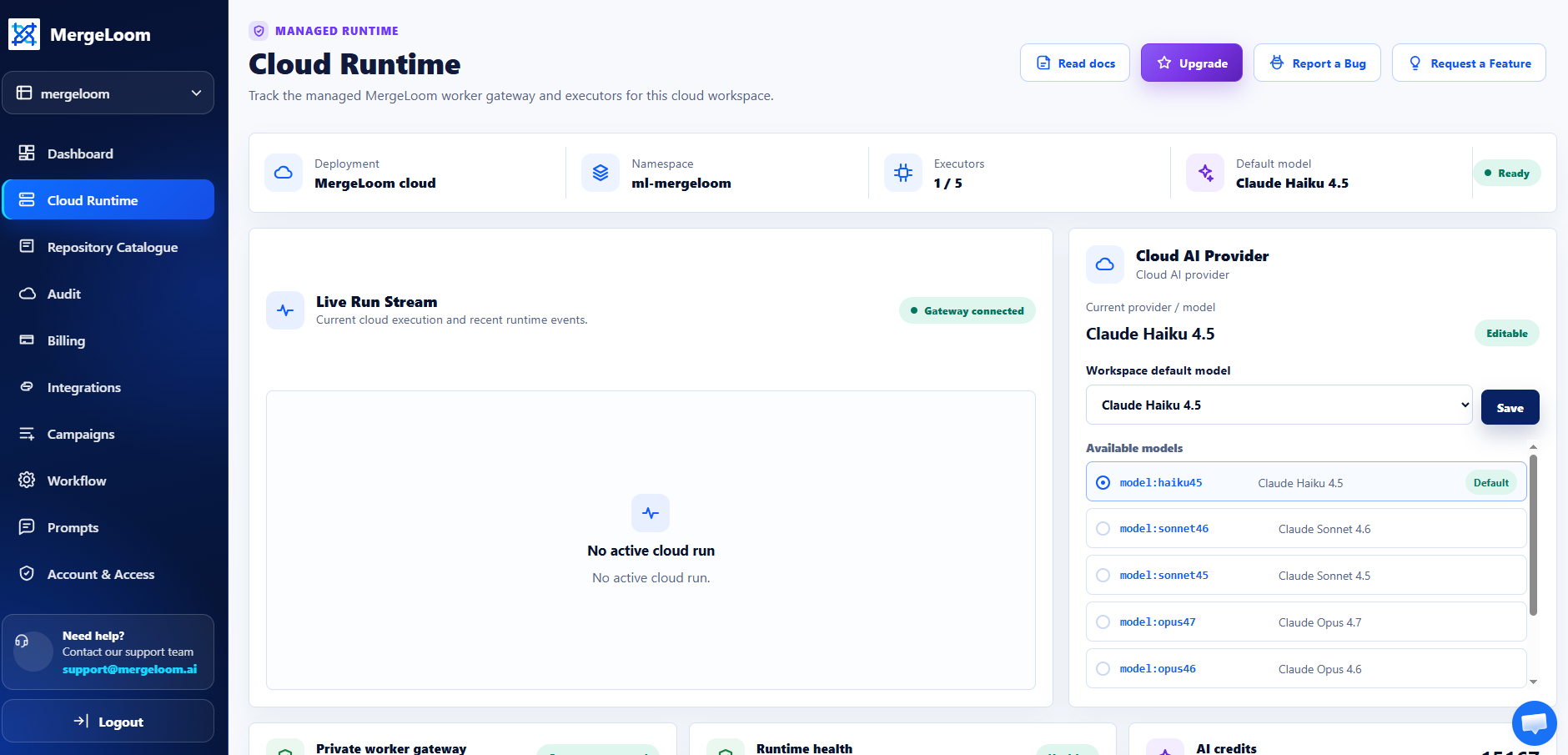 MergeLoom cloud runtime dashboard showing managed AI coding execution state.