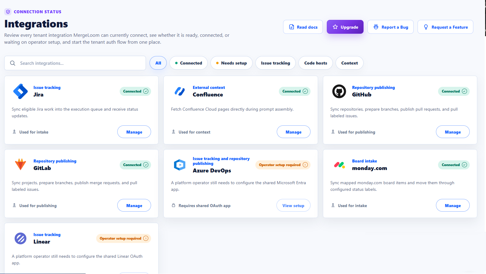 MergeLoom integrations page showing connected work trackers, code hosts, and context systems.