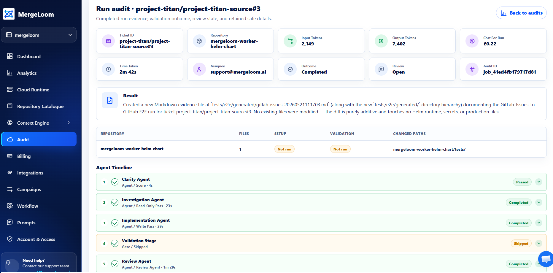 MergeLoom Quality Agents timeline showing validation, repair, review, Diff Guard, and PR or MR handoff evidence.