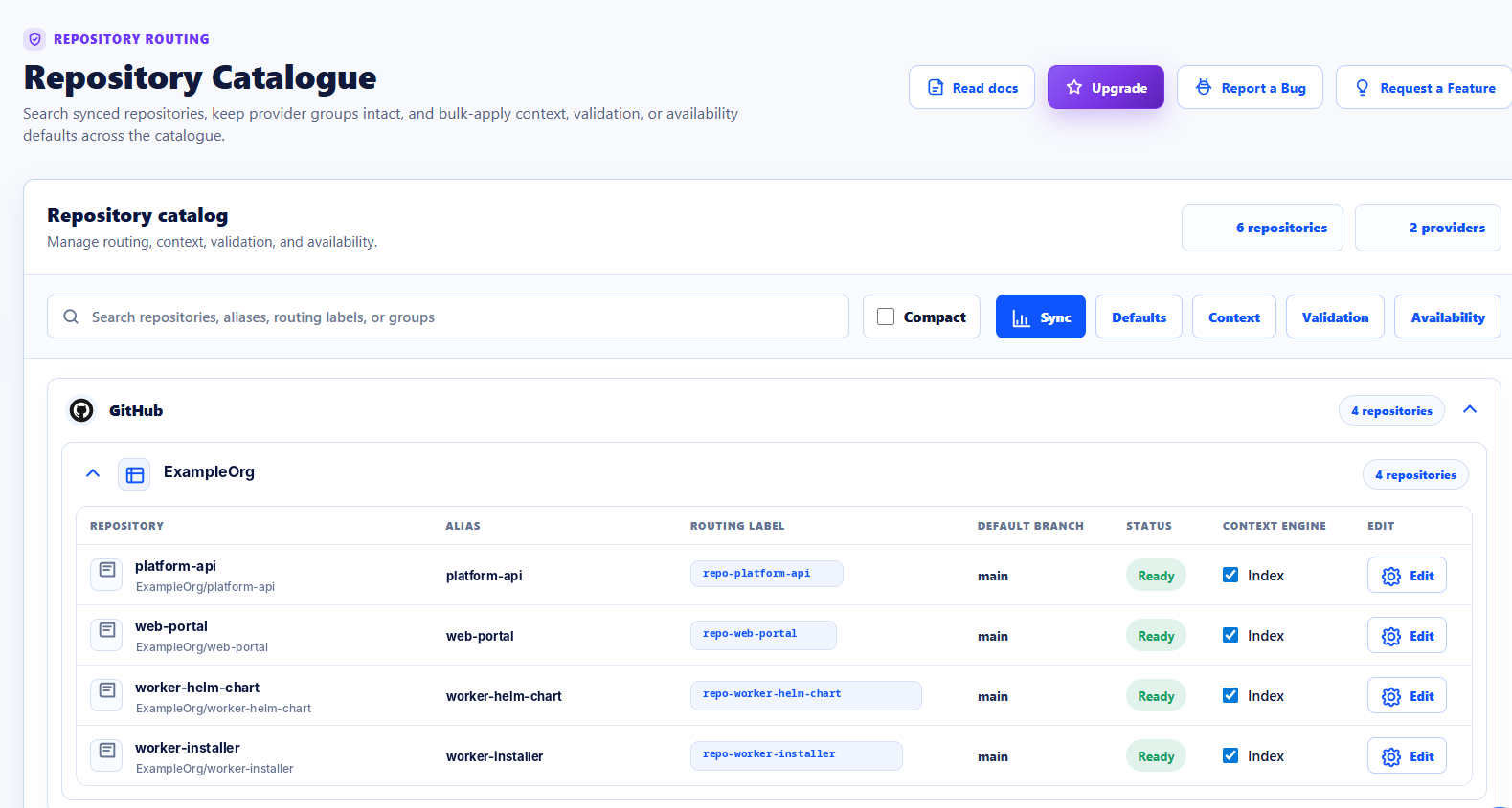 MergeLoom Repository Catalog showing repository routing, aliases, labels, and controls used to scope automated codebase work.
