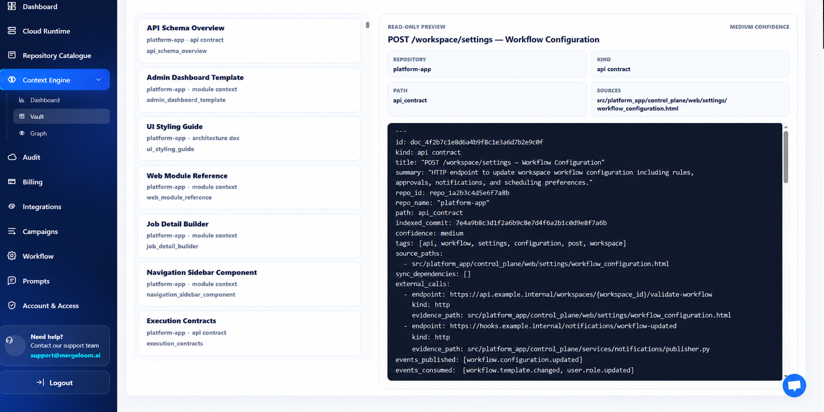 MergeLoom Context Vault detail screen showing reusable context attached to AI coding runs.