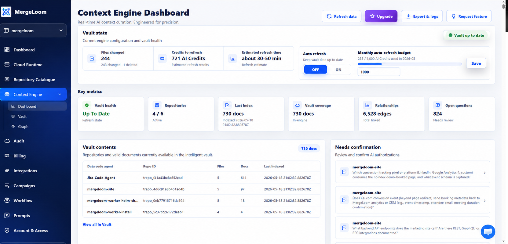 MergeLoom Context Vault dashboard showing indexed sources, vault state, and system knowledge.