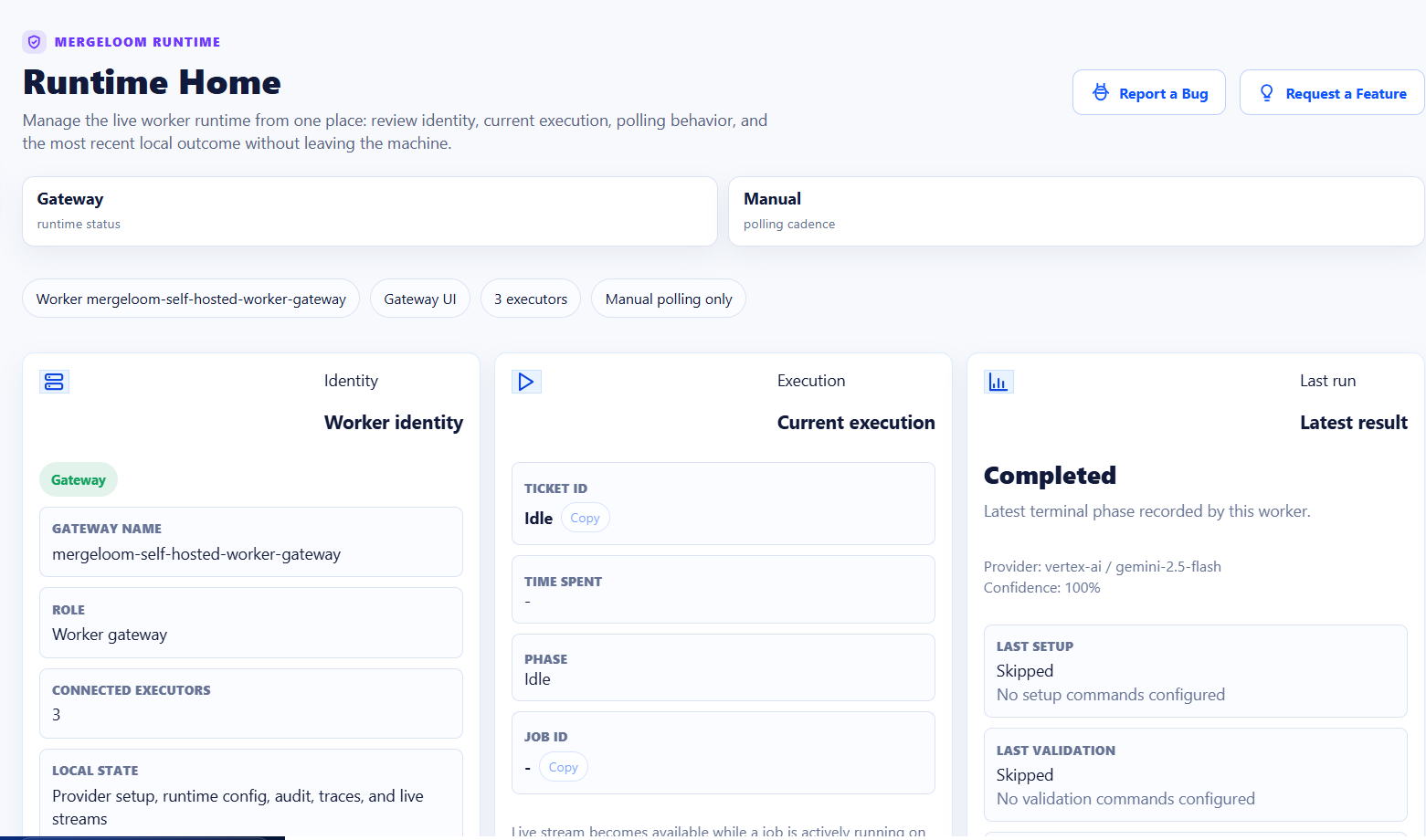 MergeLoom Self Hosted runtime home showing worker identity, current execution state, and latest run result.