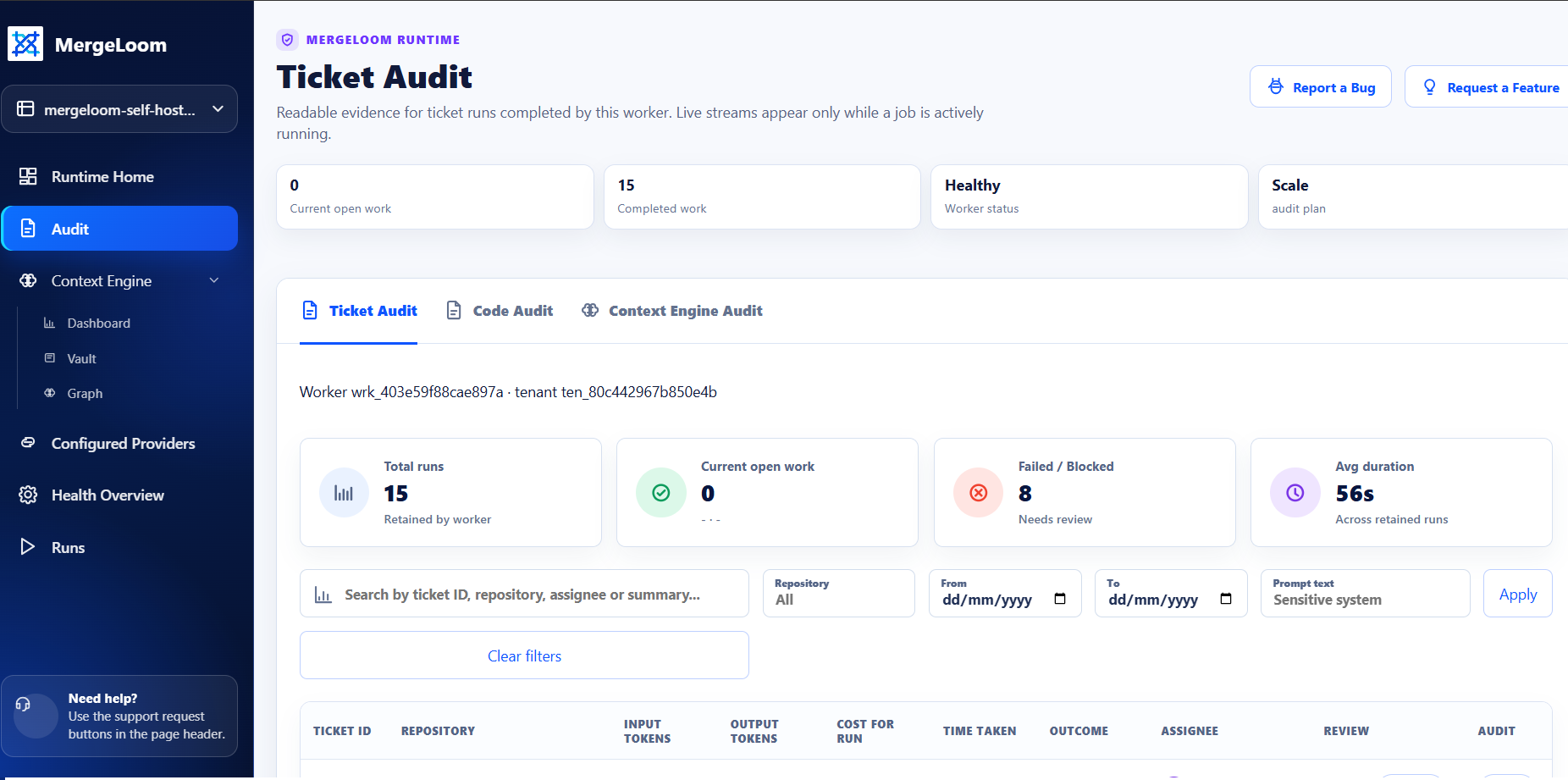MergeLoom Self Hosted ticket audit showing retained run history, worker status, and audit evidence.
