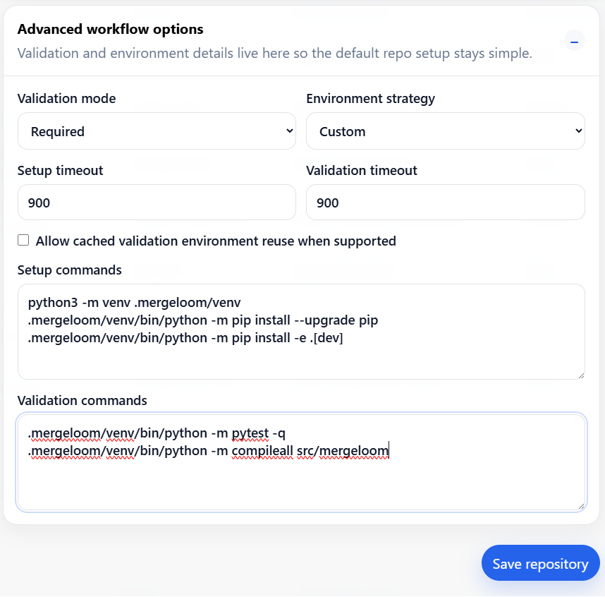 MergeLoom repository settings showing required validation mode, setup commands, and validation commands.