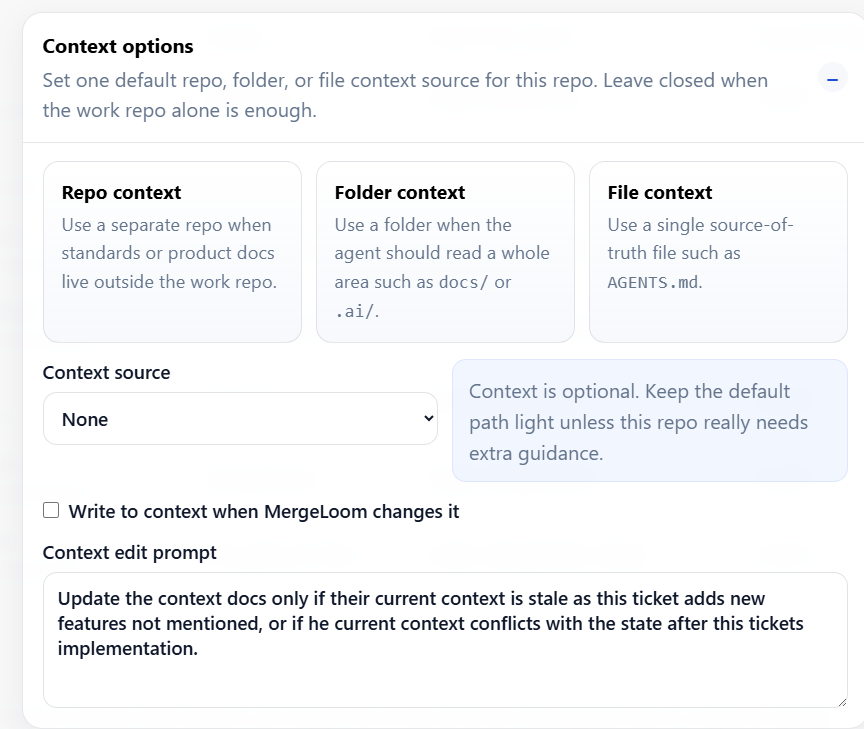 MergeLoom repository settings showing code repository, folder, and file context options for a run.