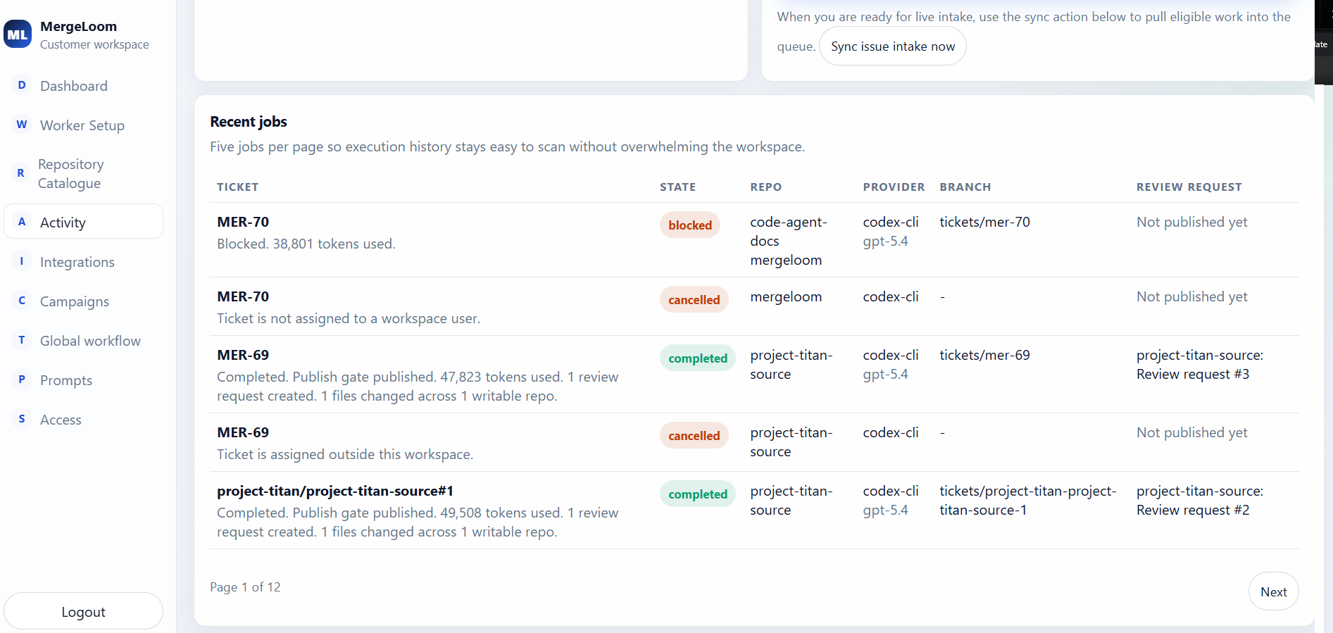 MergeLoom activity view listing ticket runs, states, branches, providers, and review requests.